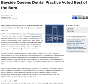 The Queens-area practice of Restorative and Implant Dentistry of Bayside was recently voted Best Cosmetic Dentistry. 